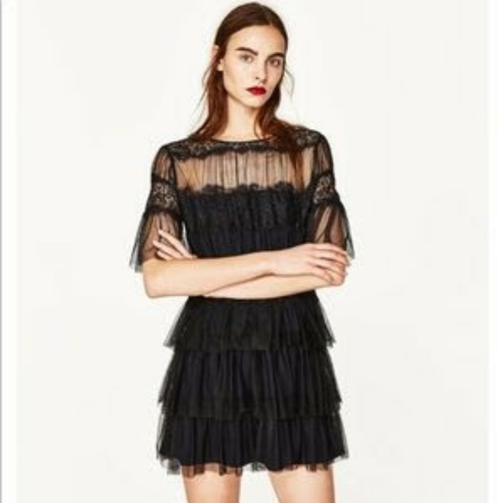 Zara black lace short-sleeved dress, size S - Picture 1 of 12